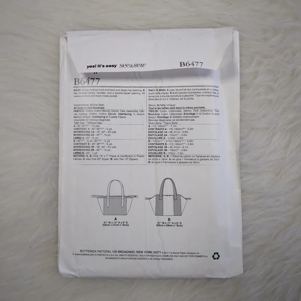 BUTTERICK B6477 EASY Zipper Top Bags In 2 Styles. YES! It's EASY